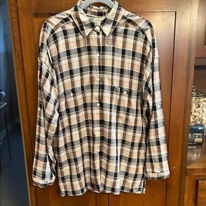 Max Studio Tan and Black Checkered Button-Down Shirt